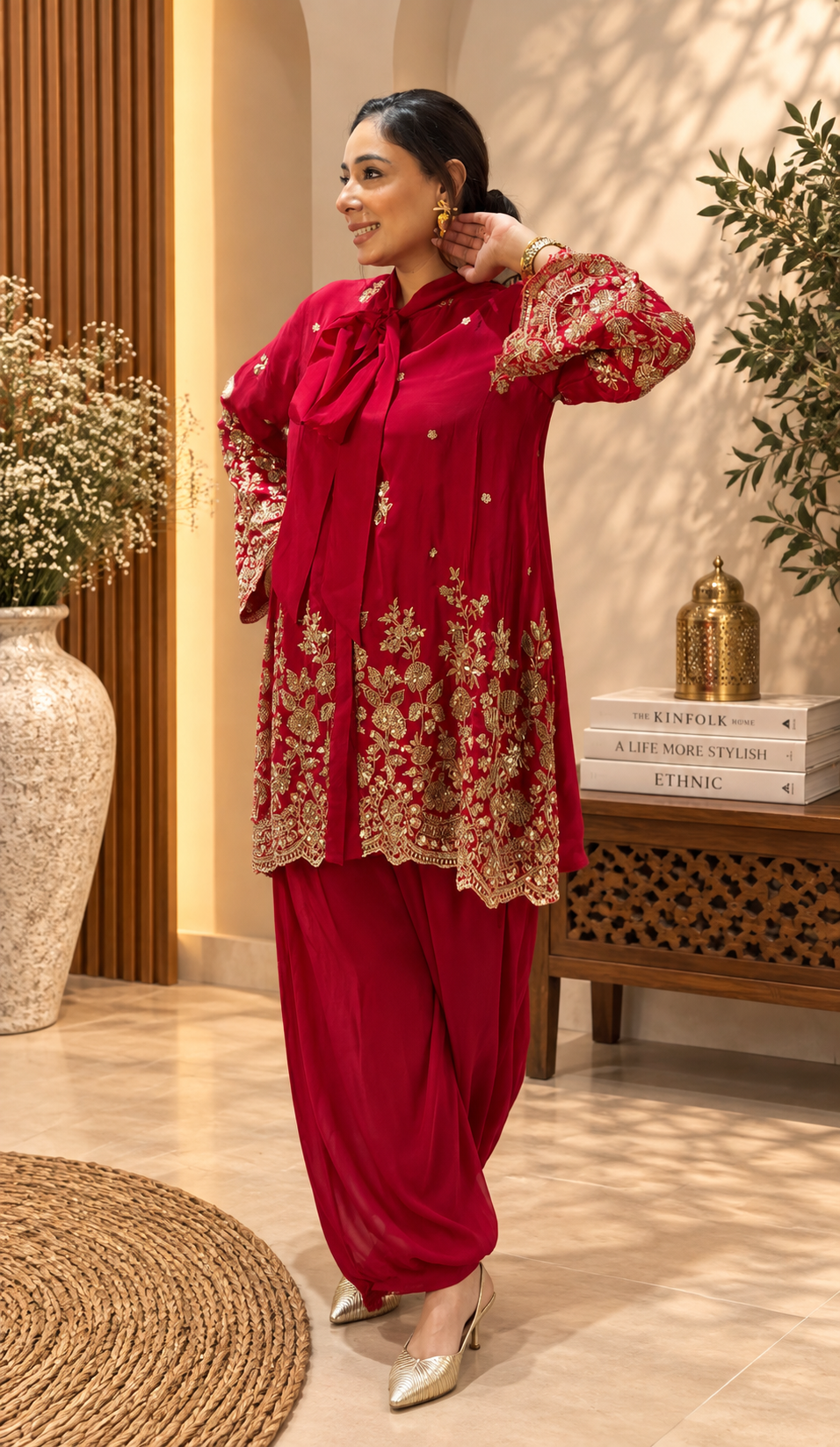 Vibrant Crimson Gold-Embellished Bow-Tie Tunic & Salwar Set
