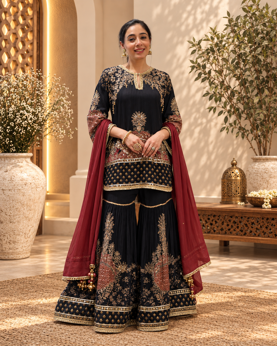 Gold Embellished Black Sharara Set