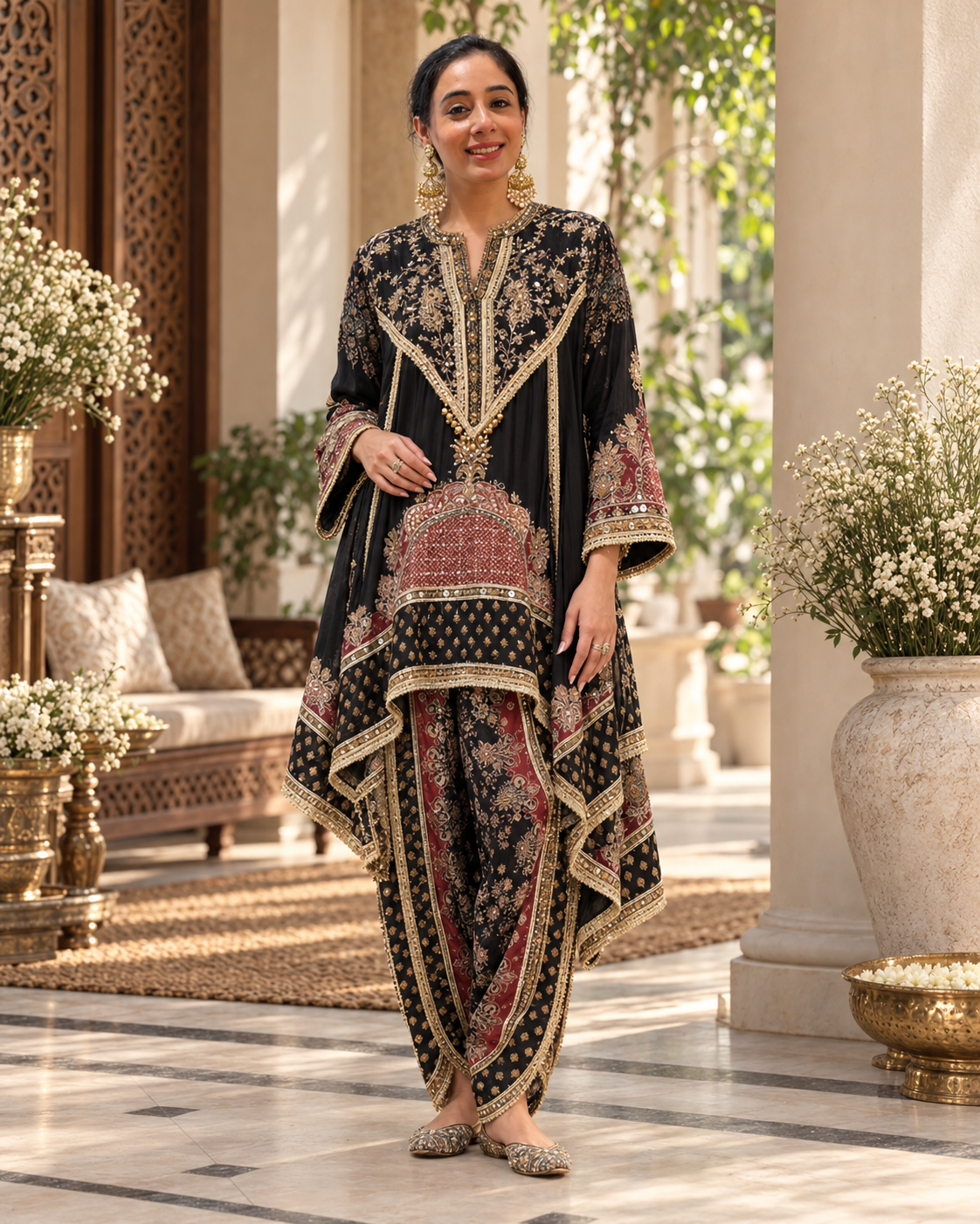 Black & Red Printed Dhoti Set