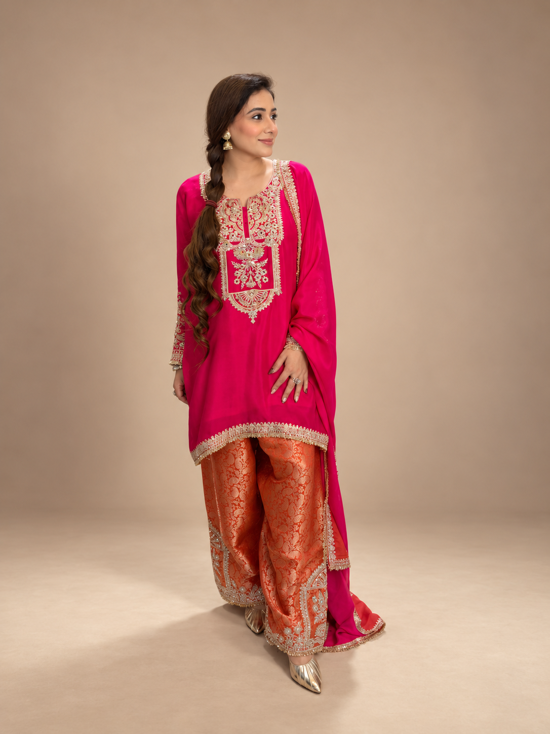 Vibrant Fuchsia & Rust Gold-Embellished Salwar Set