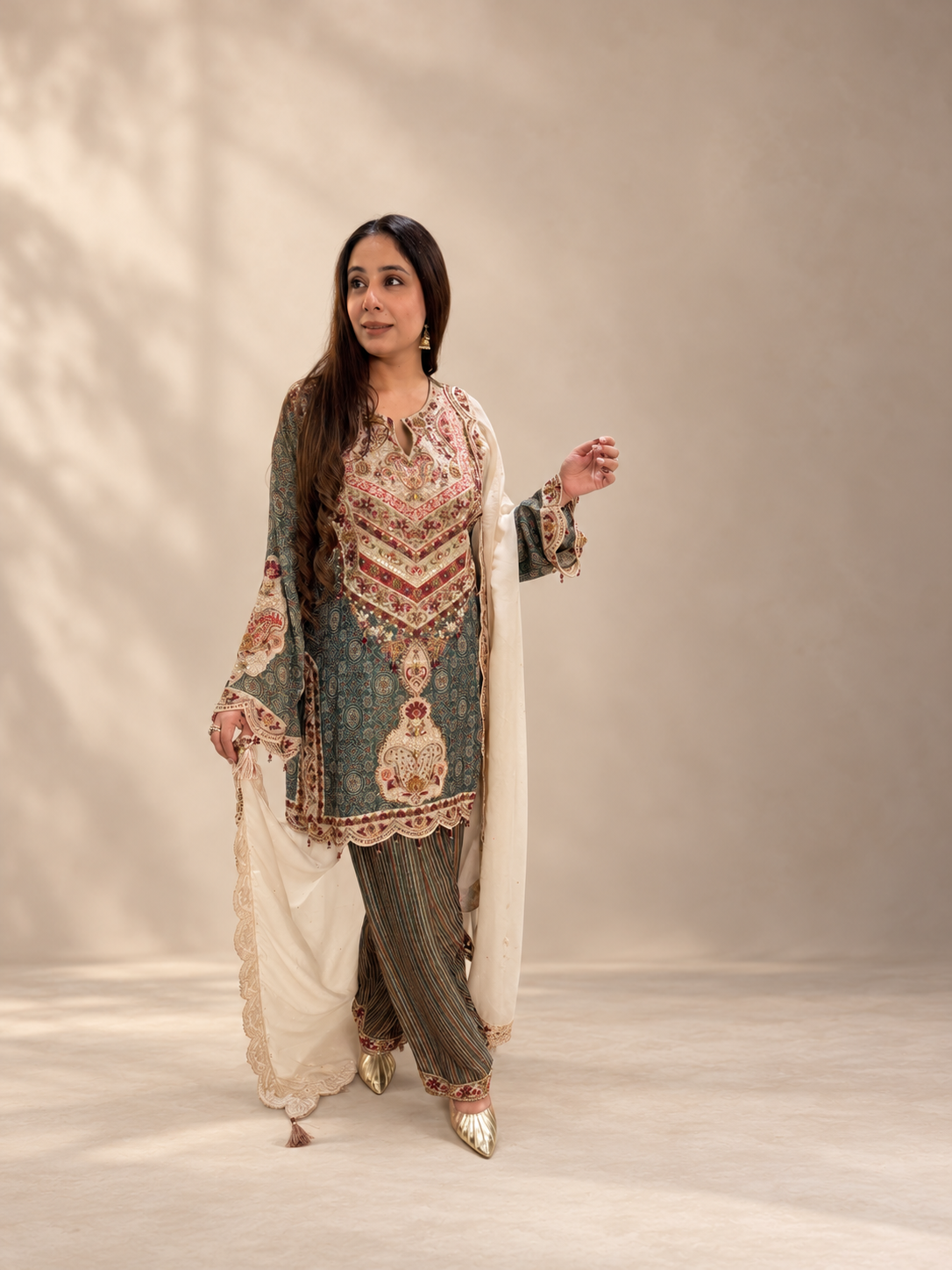 Regal Slate & Metallic Chevron-Embellished Kurta Set