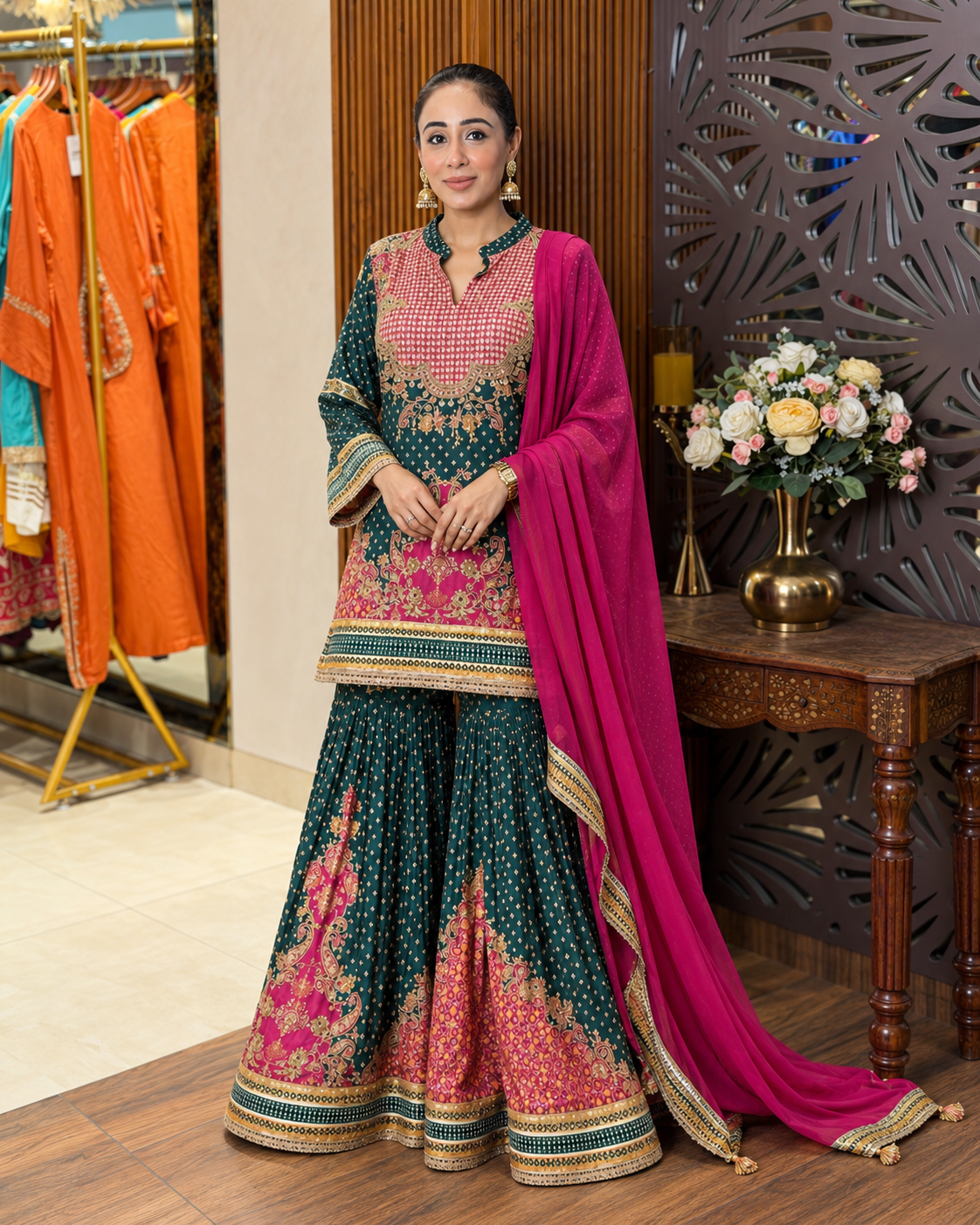 Gold Embellished Teal and Magenta Sharara Set