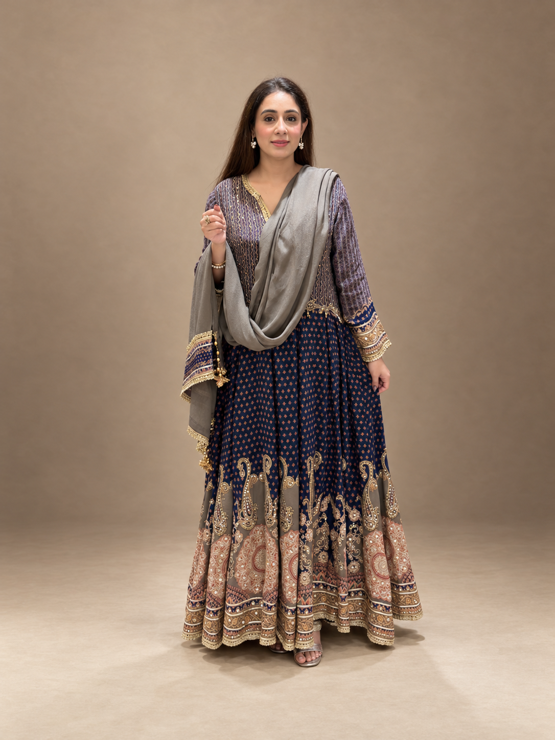 Majestic Midnight Navy & Taupe Flared Anarkali Set