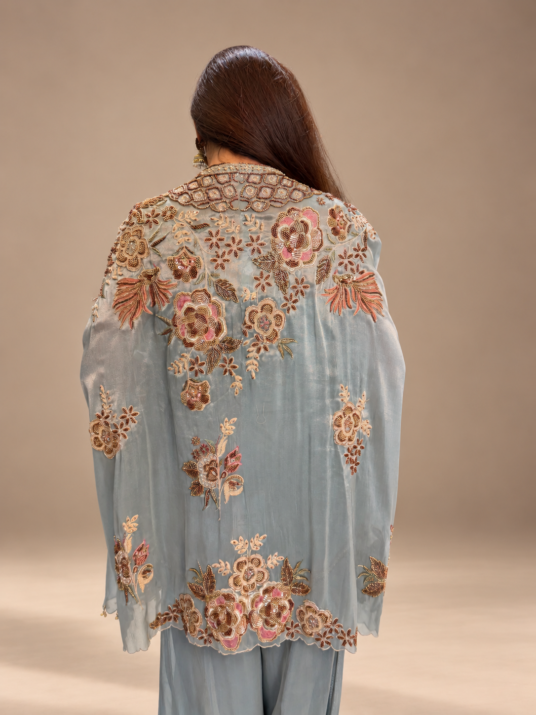 Icy Blue Floral Embroidered Cape & Palazzo Fusion Set