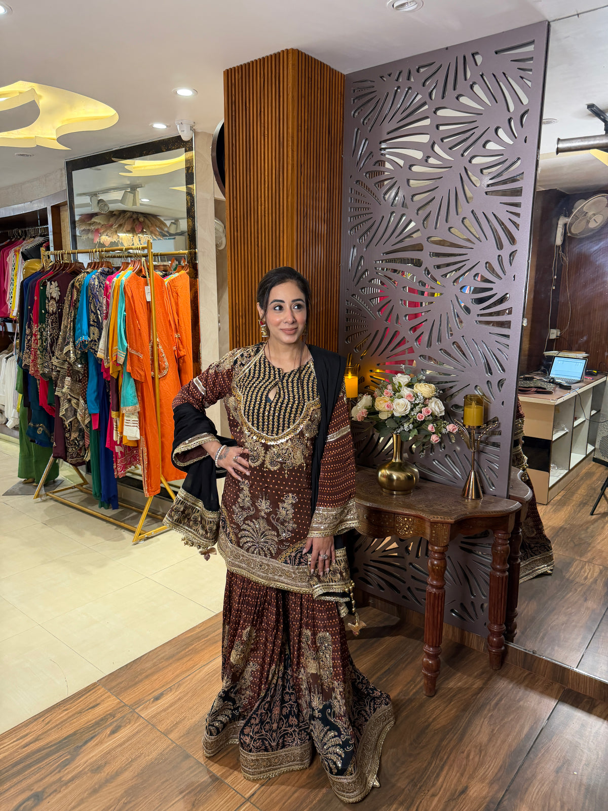 Gold Embellished Maroon Sharara Set
