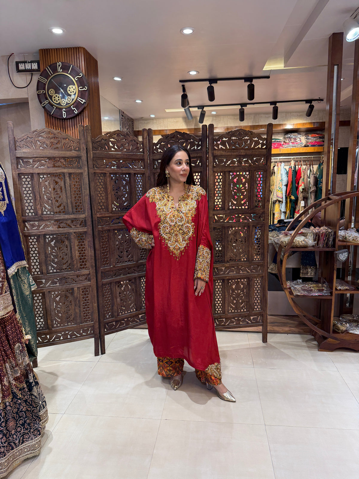 Regal Crimson Zardozi-Embellished Tunic & Printed Trouser Set