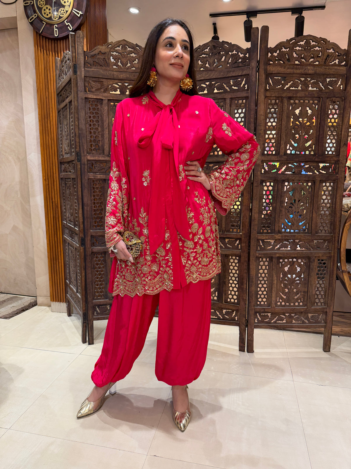 Vibrant Fuchsia Gold-Embellished Bow-Tie Tunic & Salwar Set