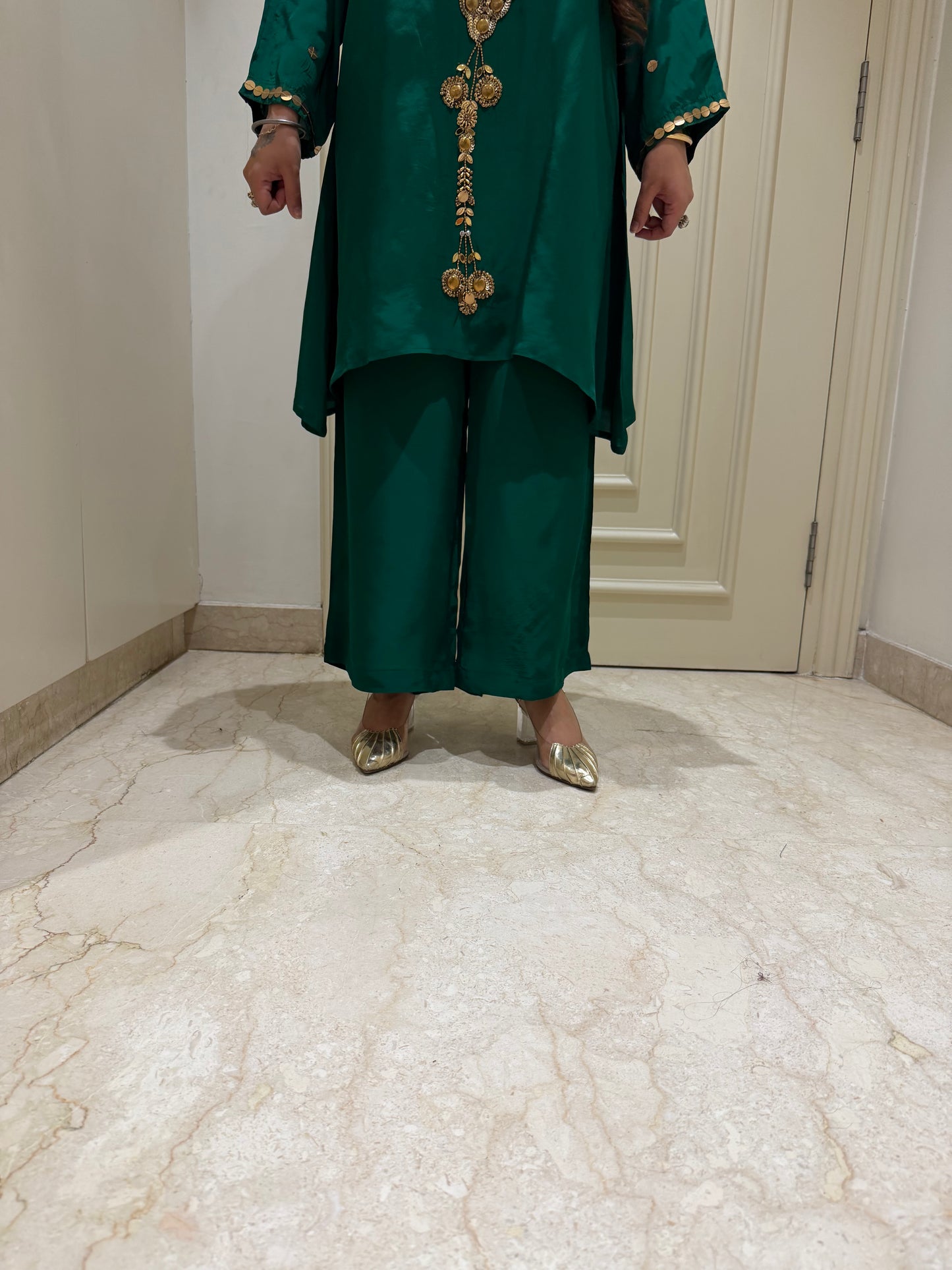 Emerald Green Silk-Blend Co-ord Set with Antique Gold Embellishments