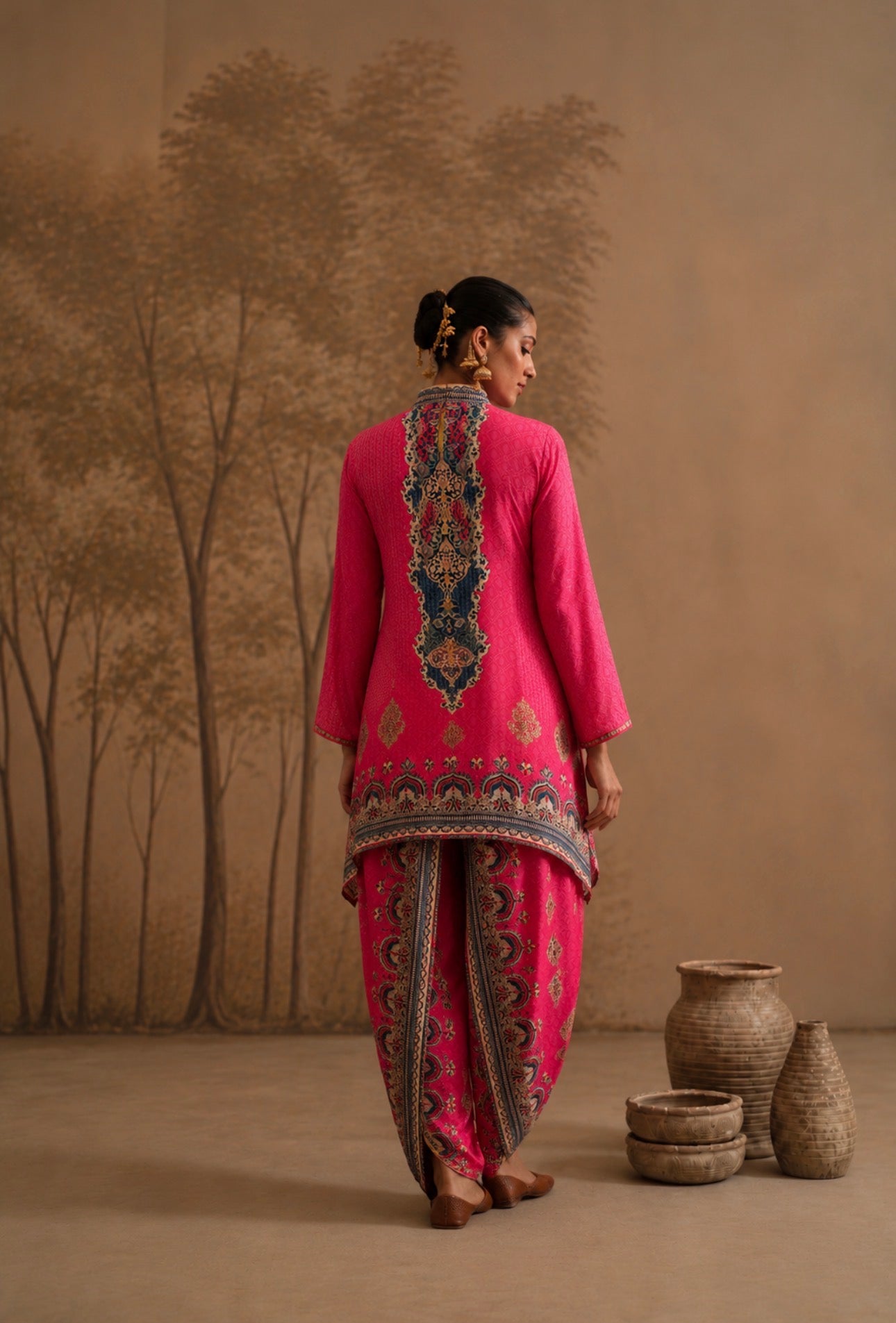 Vibrant Magenta Heritage Print Tunic & Dhoti Pant Set