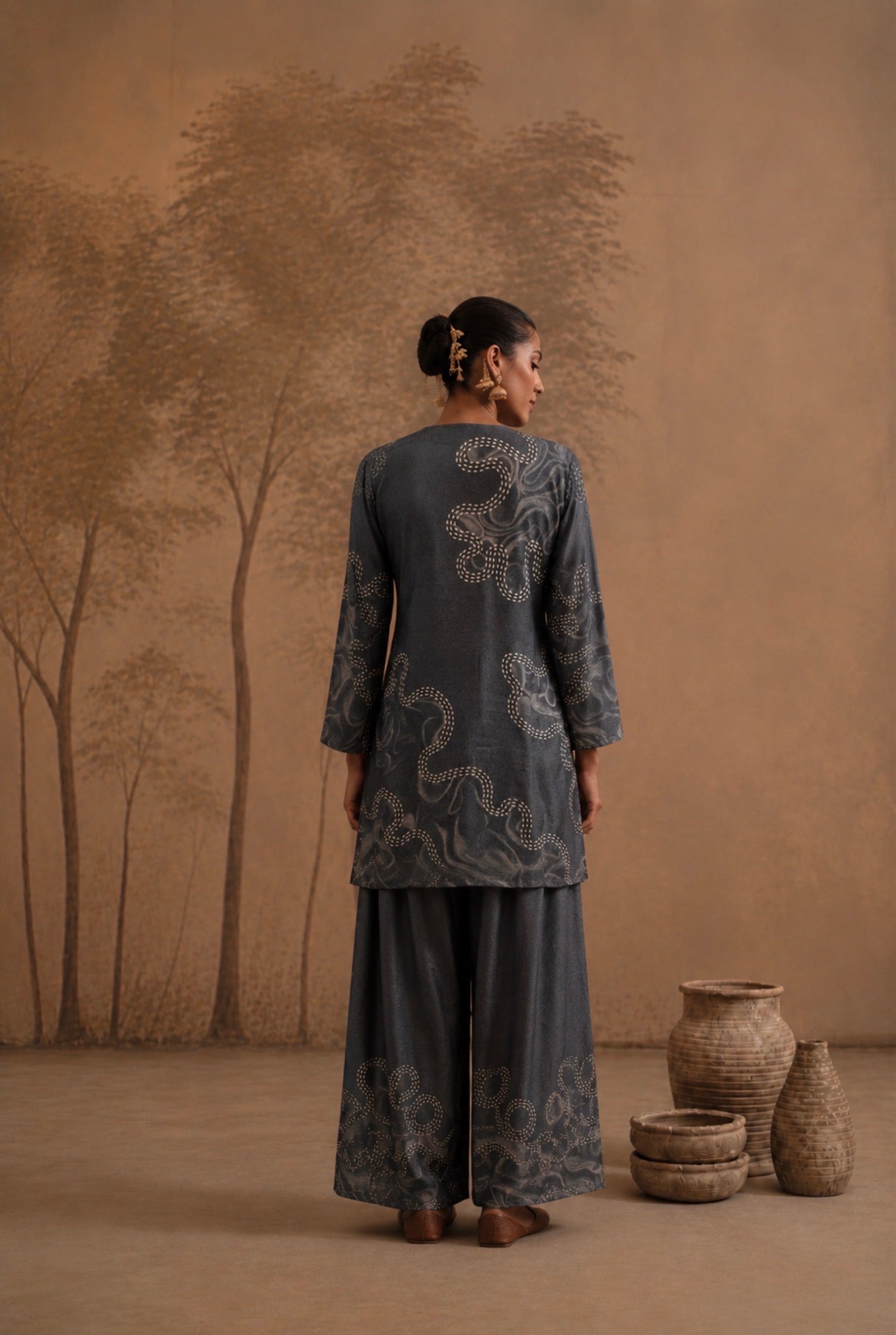 Slate Grey Embellished Tunic & Palazzo Set with Abstract Dotted Print