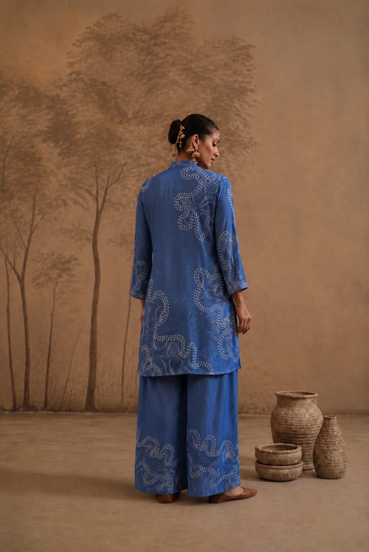 Cerulean Blue Embellished Tunic & Palazzo Set with Dotted Floral Print