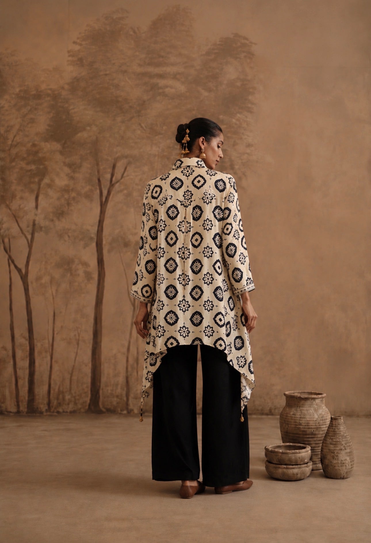 Ivory & Ink Blue Geometric Ikat-Print Asymmetrical Tunic & Palazzo Set