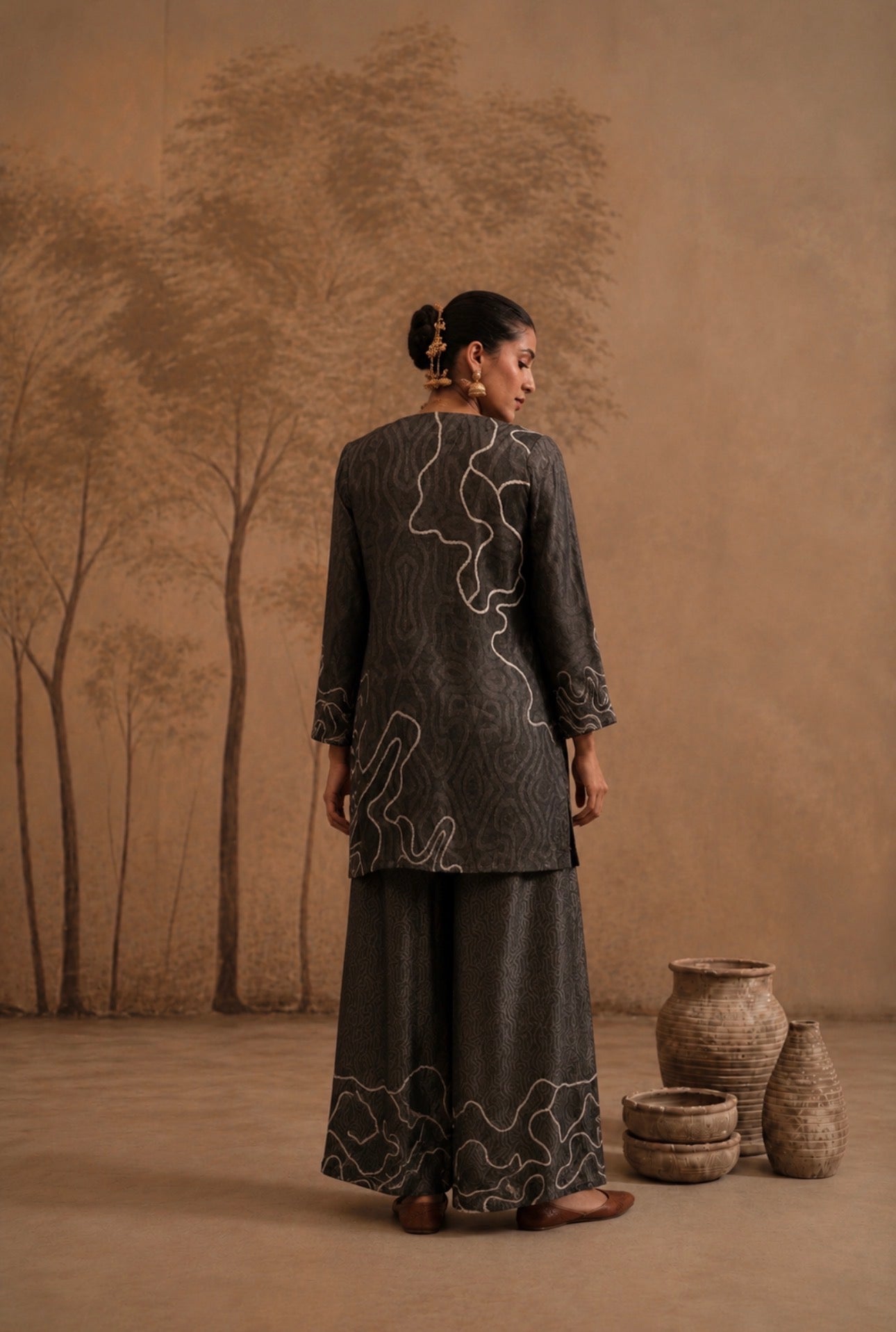 Charcoal Abstract Embroidered Co-ord Set with Mirror Work Neckline