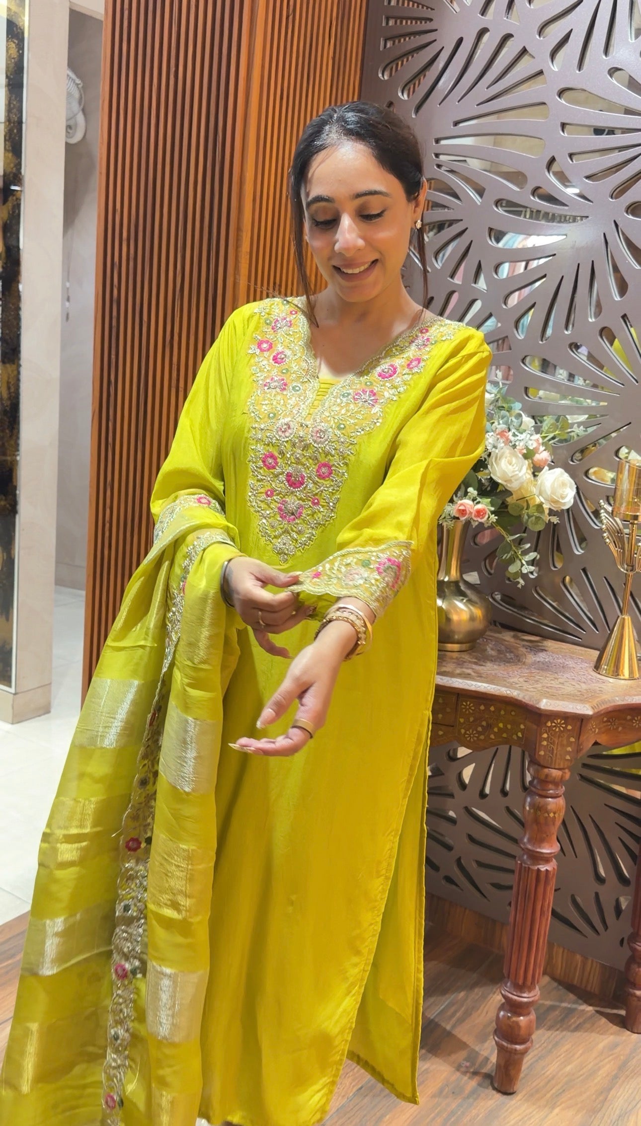 Vibrant Chartreuse Embroidered Kurta Set with Zari Striped Dupatta