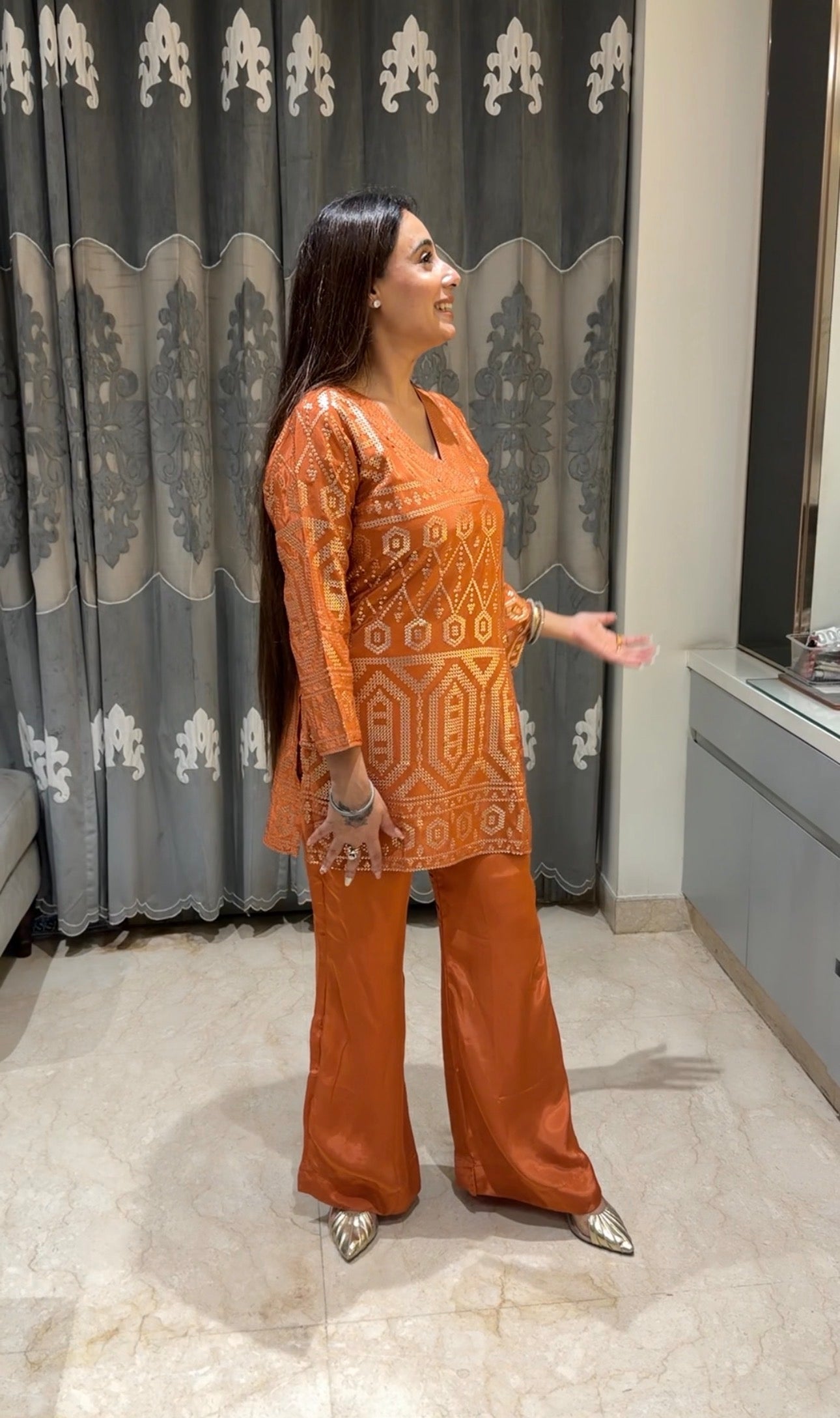 Rust Orange Geometric Foil-Print Kurta & Palazzo Set