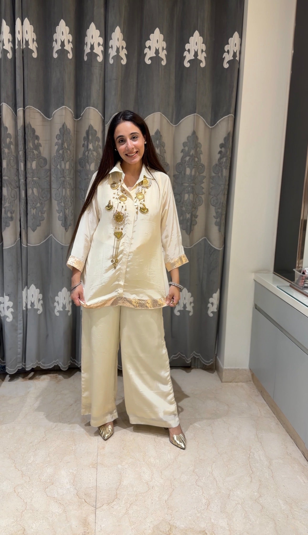 Ivory Silk-Blend Co-ord Set with Statement Gold Motif Embellishments
