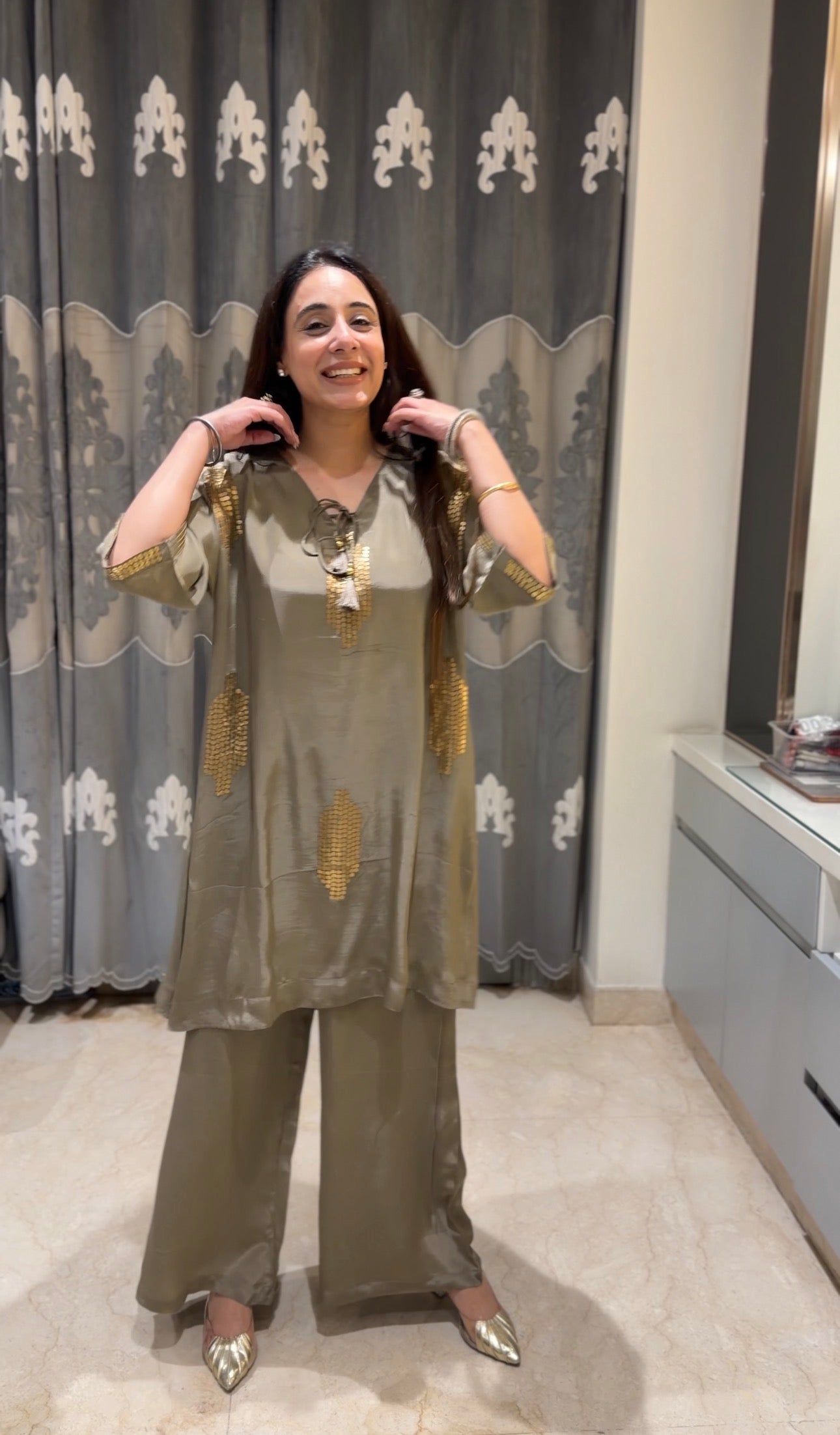 Lustrous Olive Gold-Embellished Silk-Blend Co-ord Set