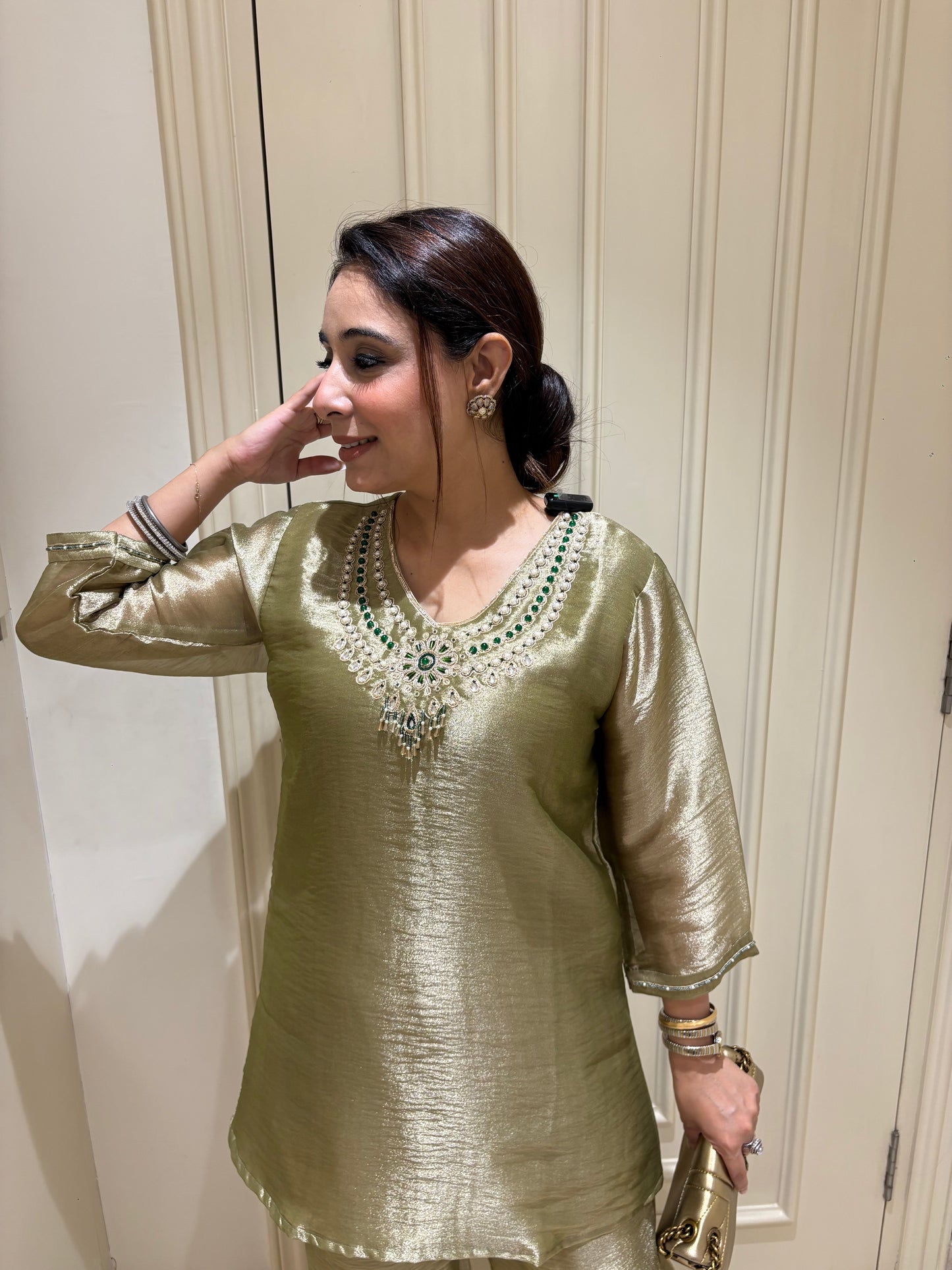Luminous Metallic Olive Tunic Set with Emerald Jeweled Neckline