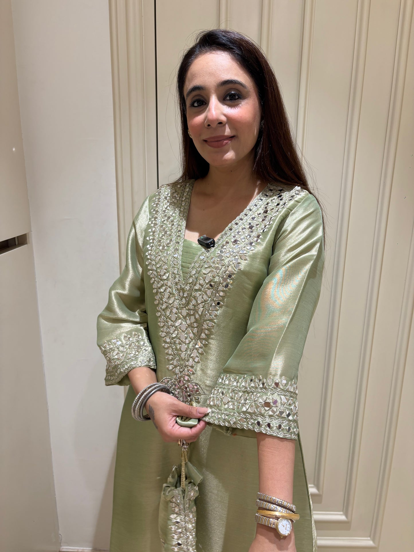 Luminous Sage Green Metallic Kaftan-Style Kurta Set with Mirror Work