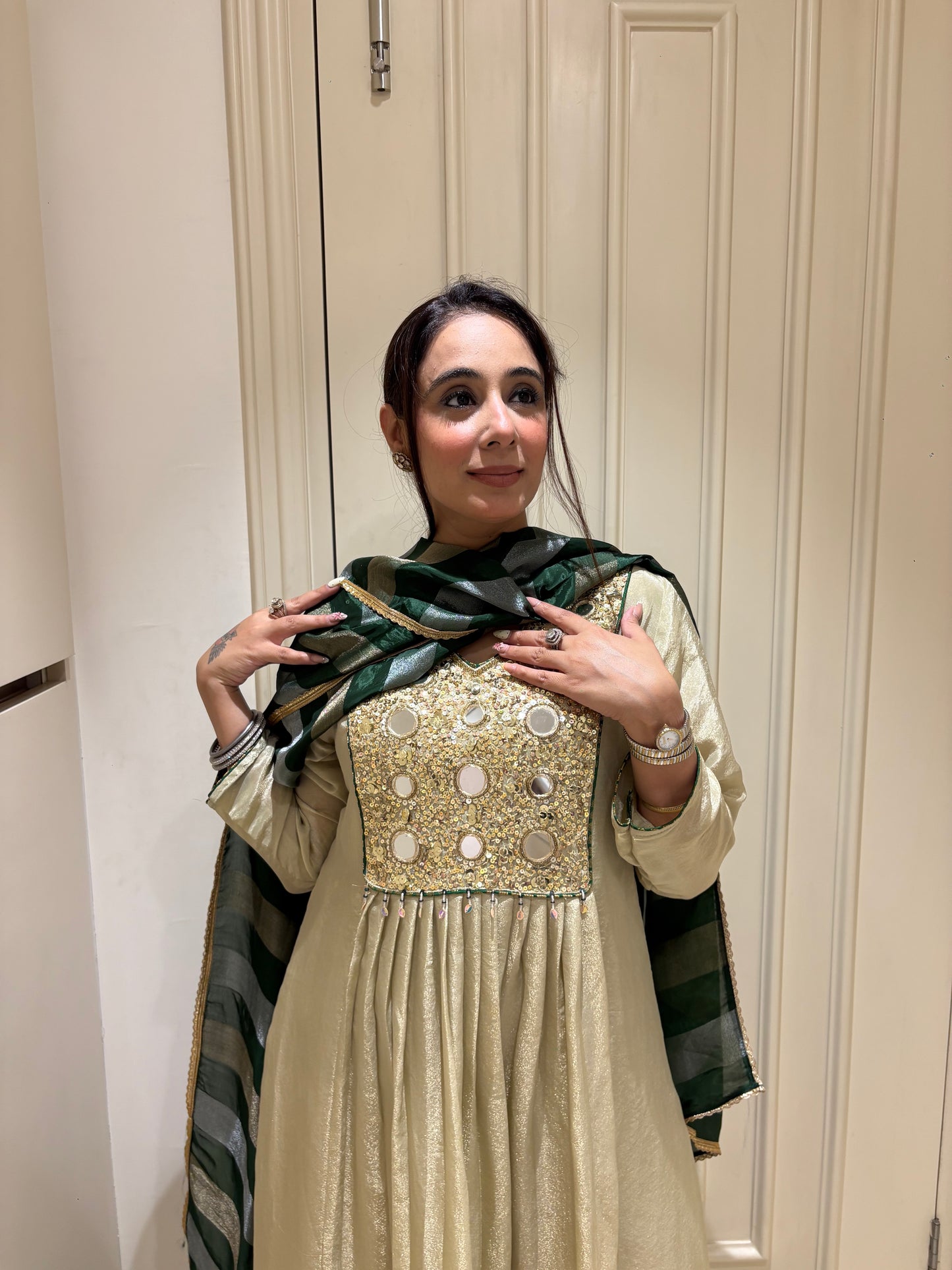 Luminous Champagne Mirror-Work Anarkali Set with Striped Dupatta