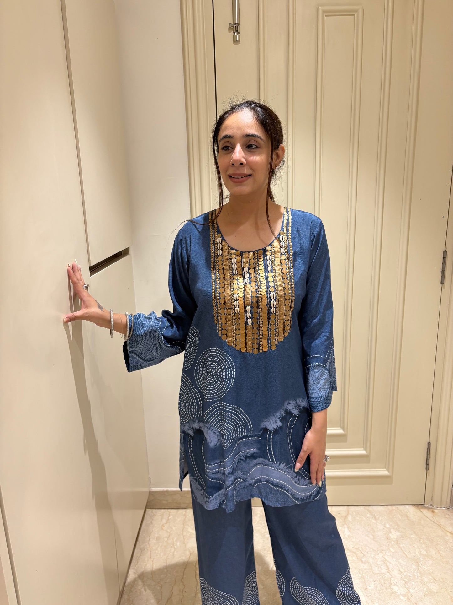 Indigo Coastal Wave Tunic & Palazzo Set with Cowrie Shell Yoke