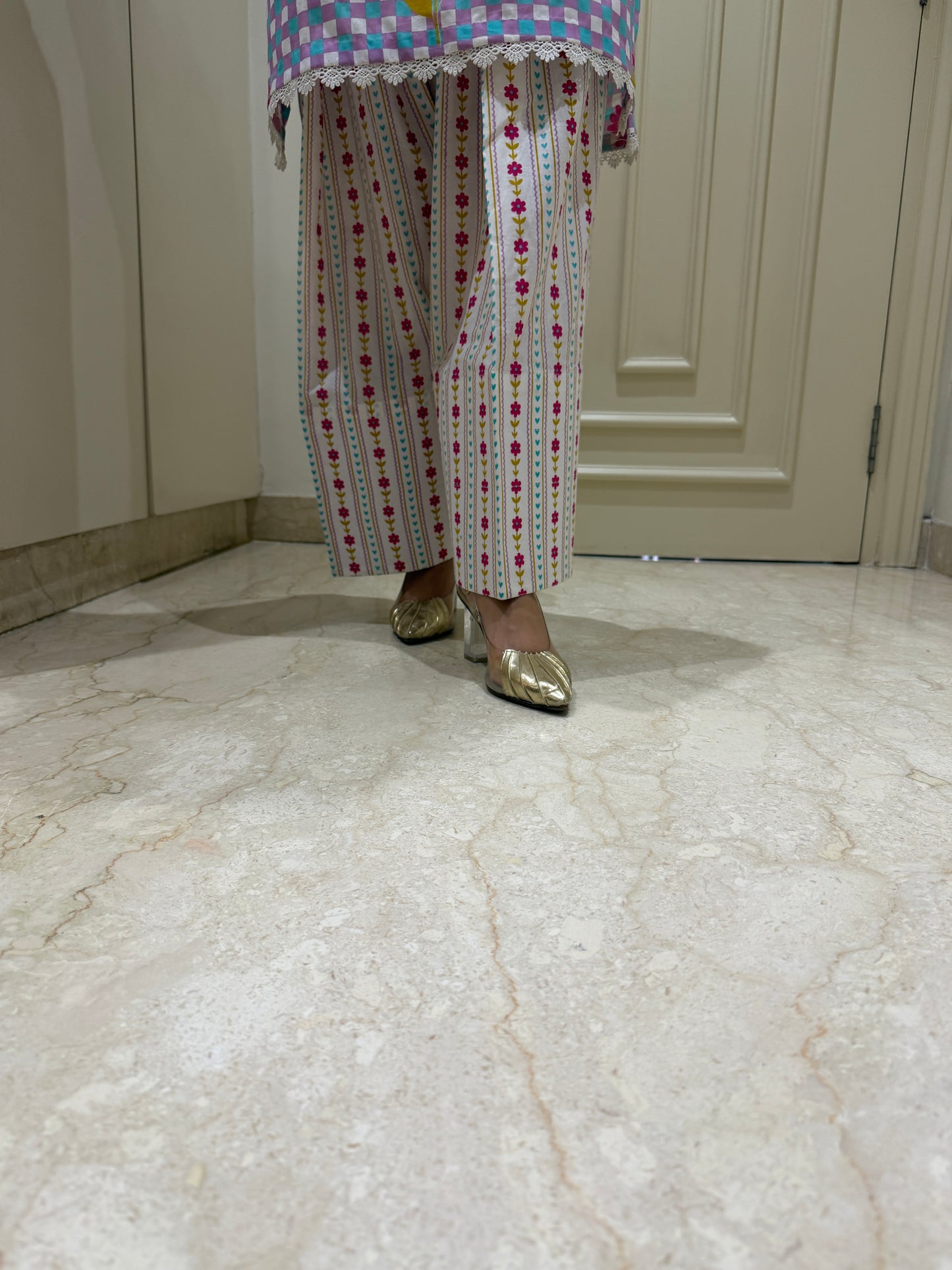 Pastel Checkered Floral Kurta Set with Tassel Detail