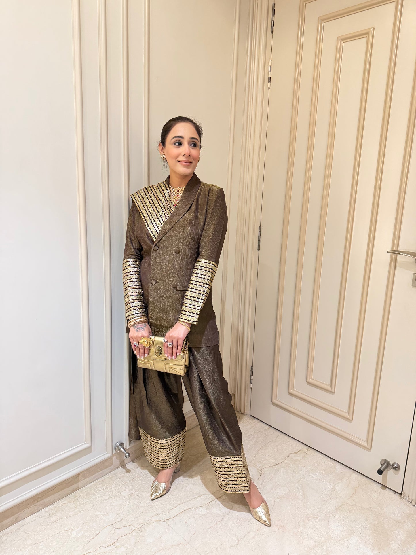 Metallic Bronze Indo-Western Blazer Set with Gold Striped Embroidery