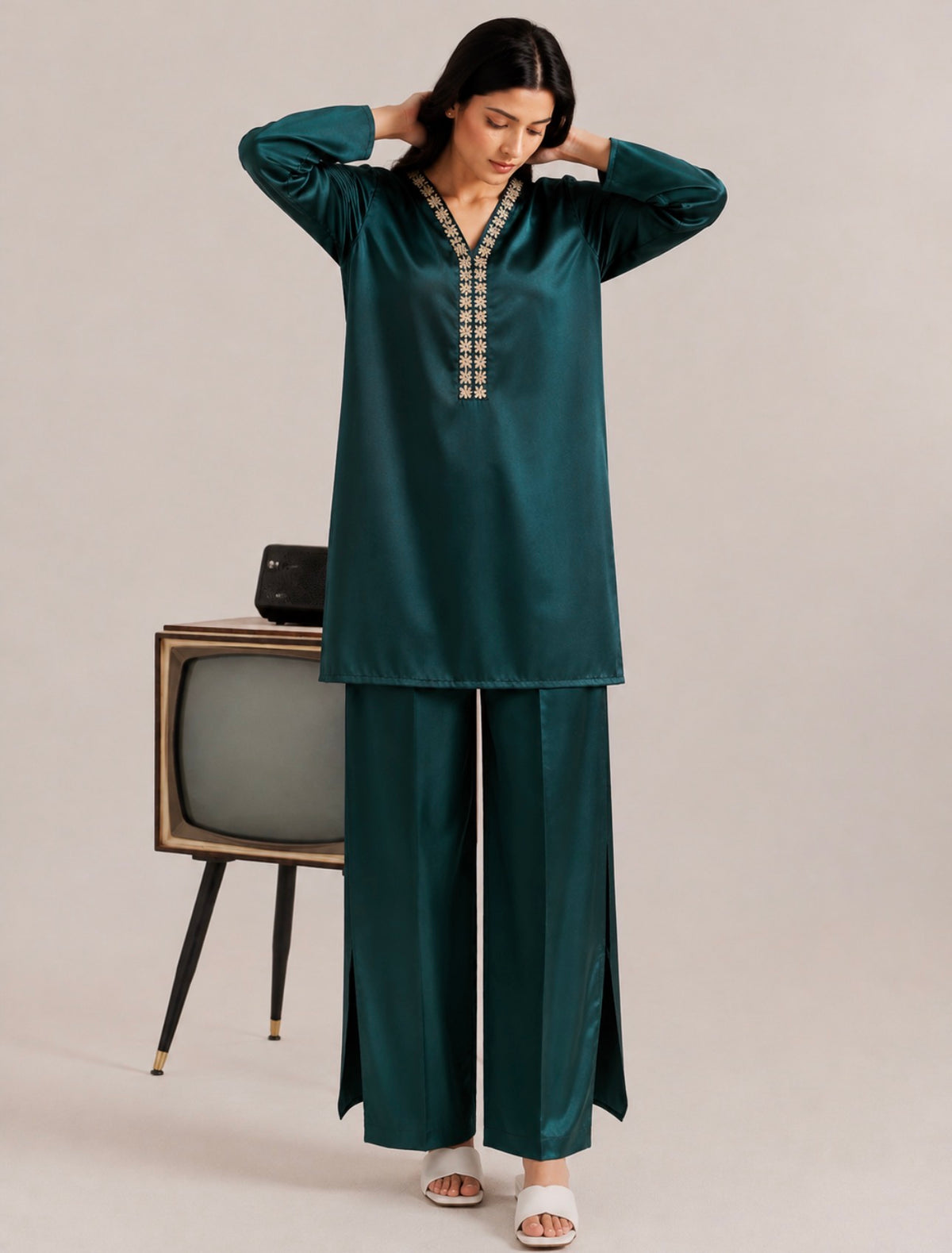 Deep Emerald Satin Embellished Tunic & Slit Trouser Set