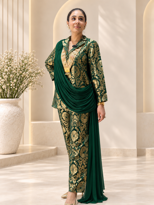 Gold Brocade Draped Fusion Suit
