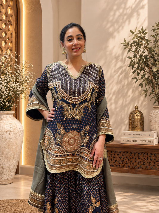 Midnight Blue & Gold Embellished Sharara Set