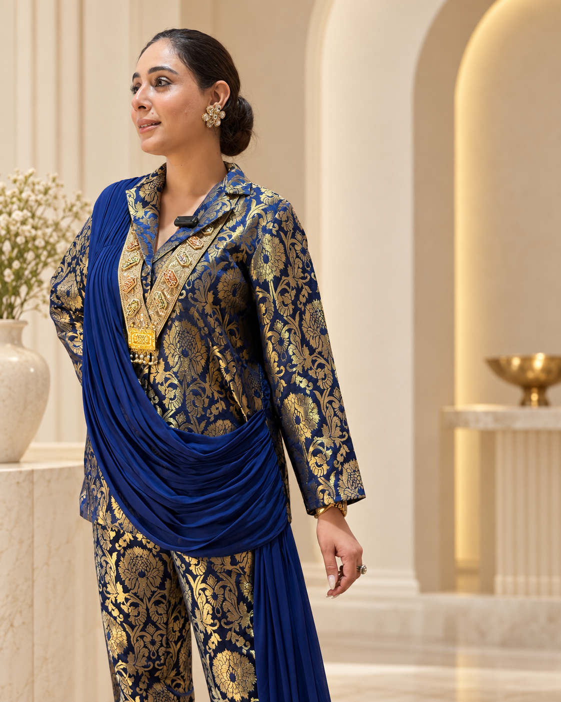 Gold Brocade Draped Fusion Suit