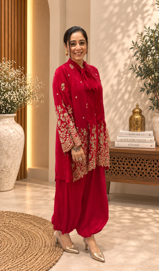 Vibrant Crimson Gold-Embellished Bow-Tie Tunic & Salwar Set