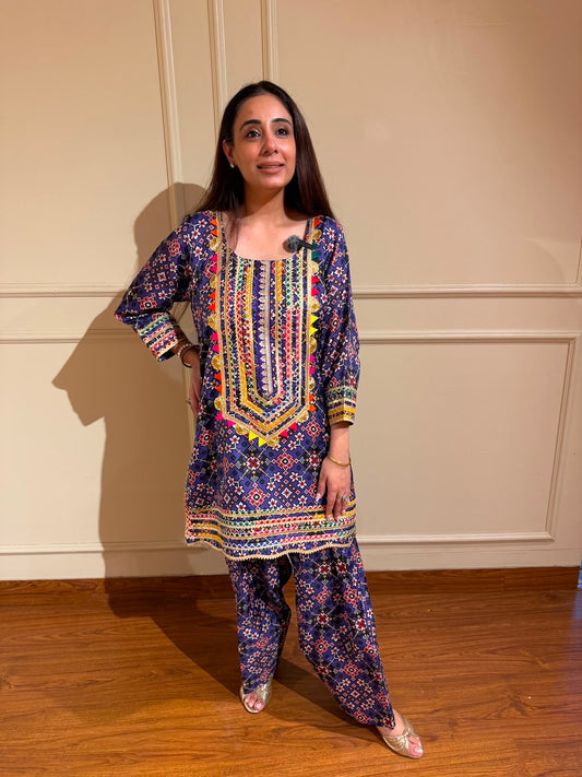 Deep Indigo Embellished Patola-Print Tunic & Salwar Set