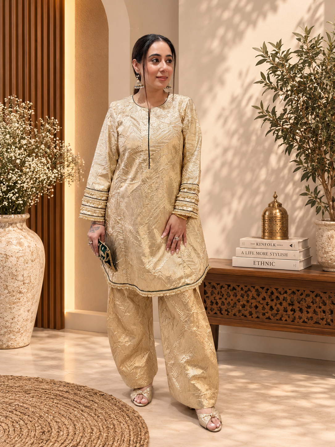 Luminous Champagne Gold Textured Salwar Set