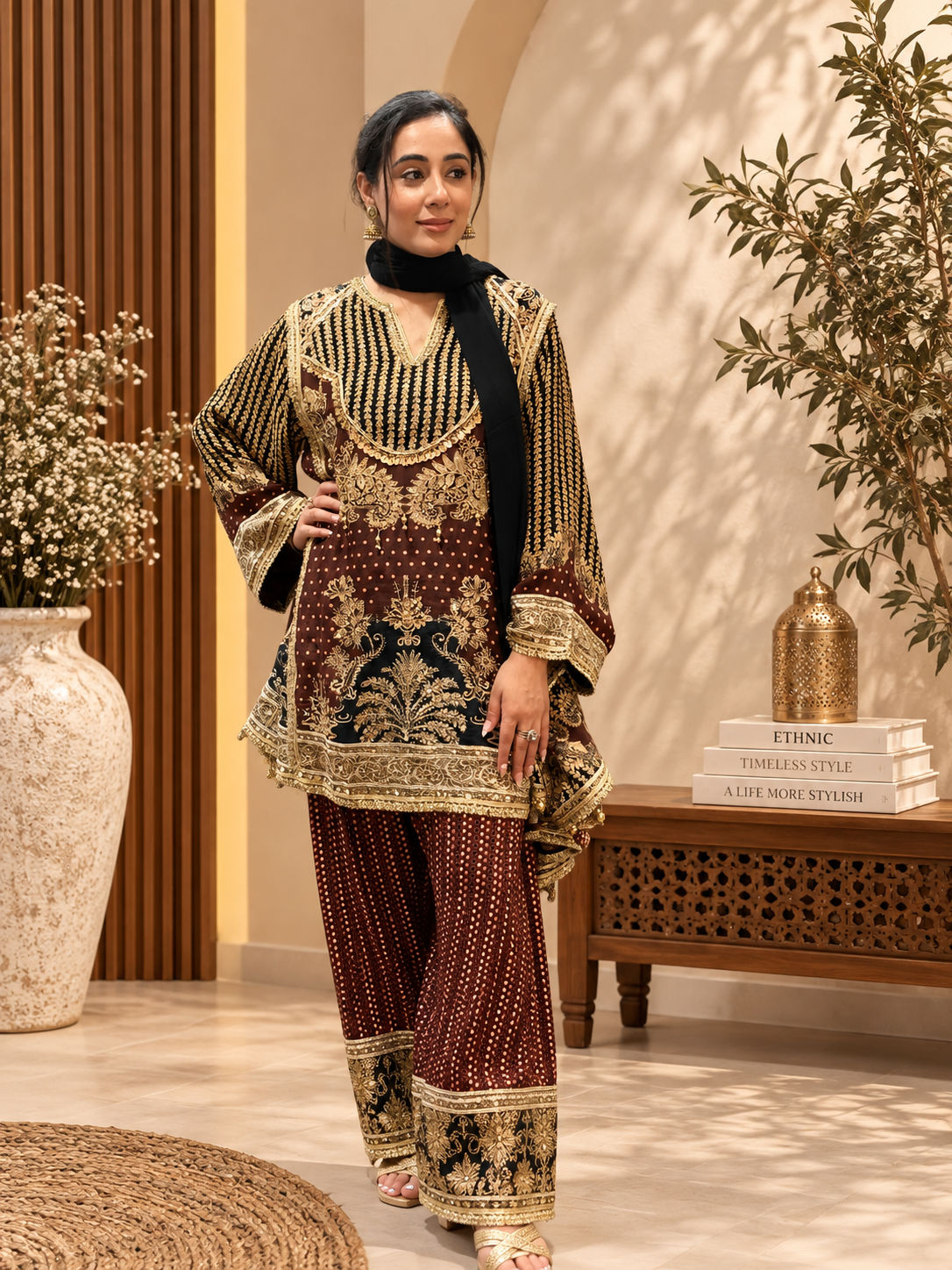 Regal Maroon & Gold Embellished Tunic Set