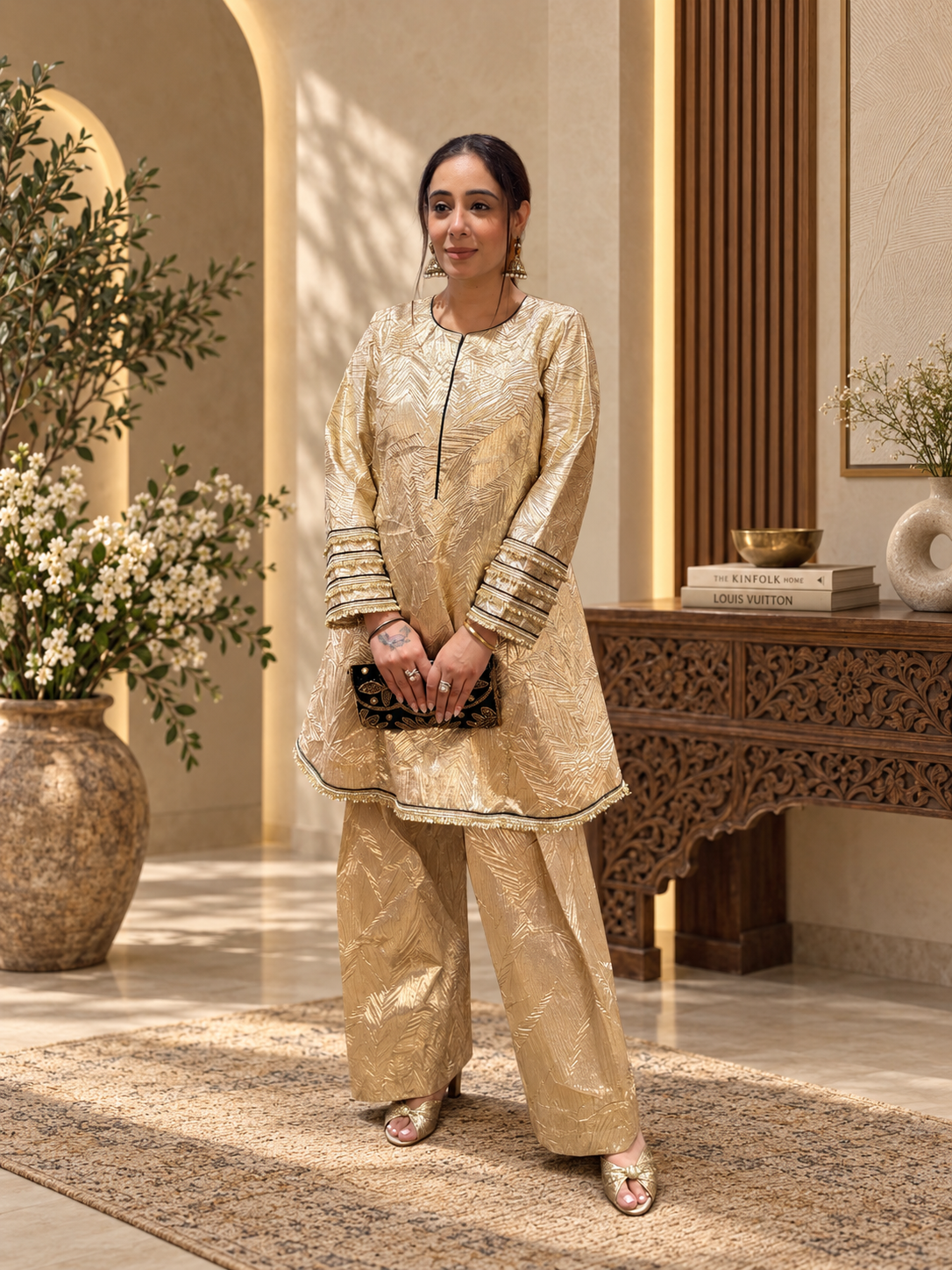 Luminous Champagne Gold Textured Salwar Set
