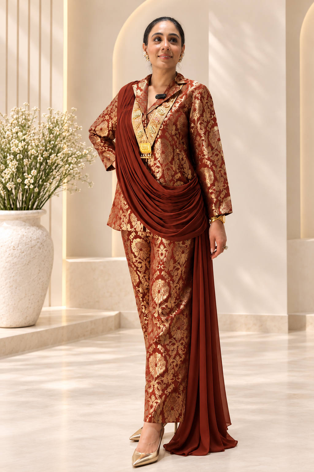 Gold Brocade Draped Fusion Suit