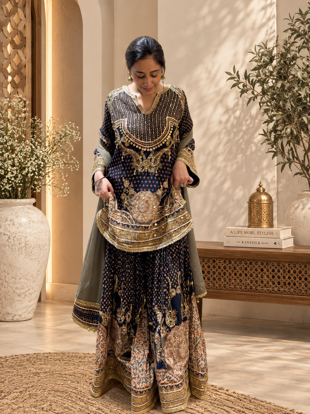 Midnight Blue & Gold Embellished Sharara Set