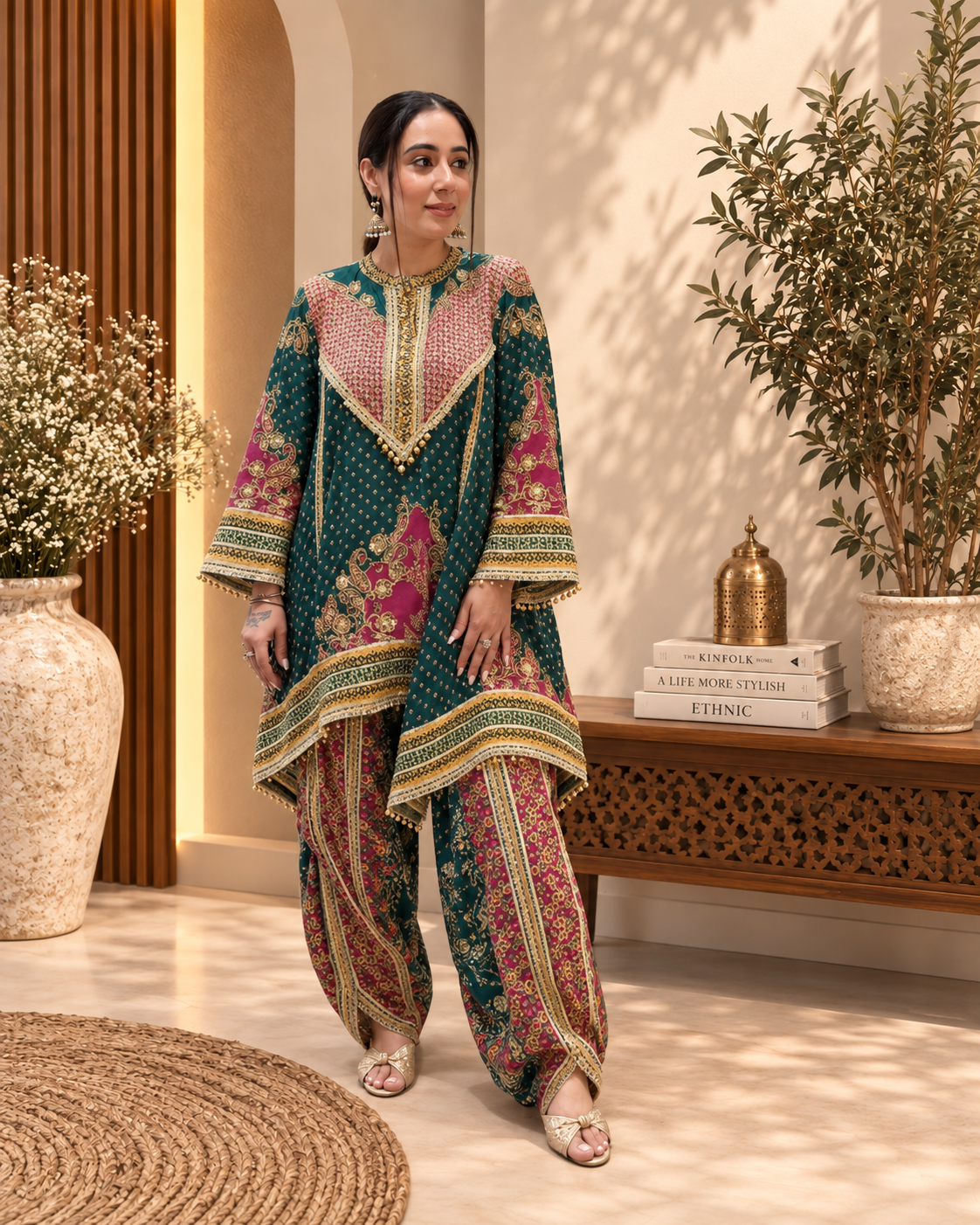 Deep Teal & Magenta Printed Dhoti Set