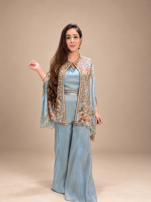 Icy Blue Floral Embroidered Cape & Palazzo Fusion Set