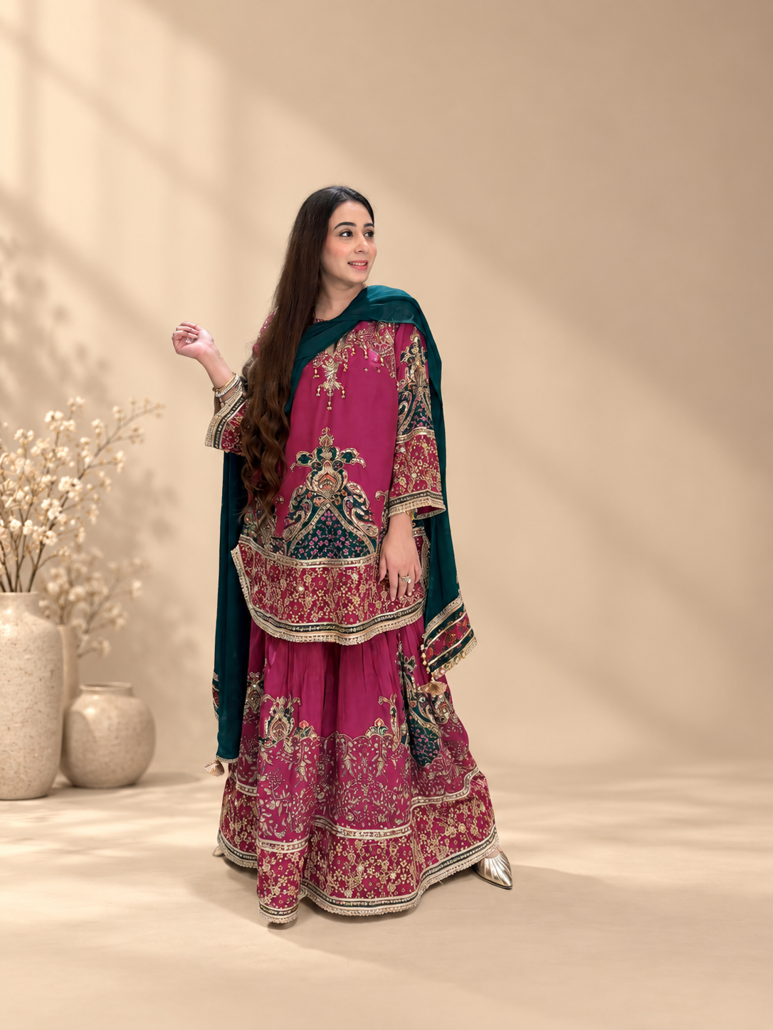 Gold Embellished Magenta Sharara Set