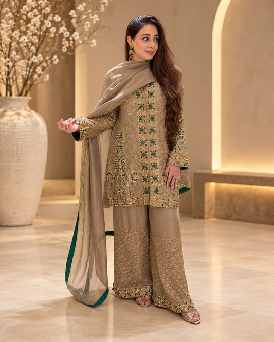 Antique Bronze & Emerald Heavy Embellished Kurta & Palazzo Set