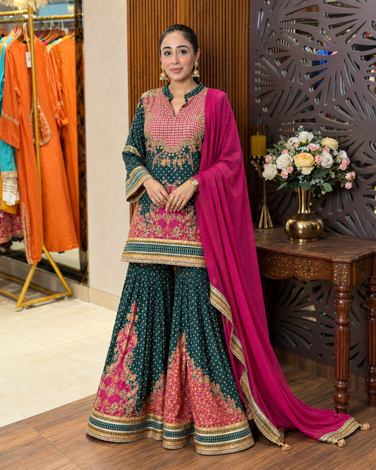 Gold Embellished Teal and Magenta Sharara Set
