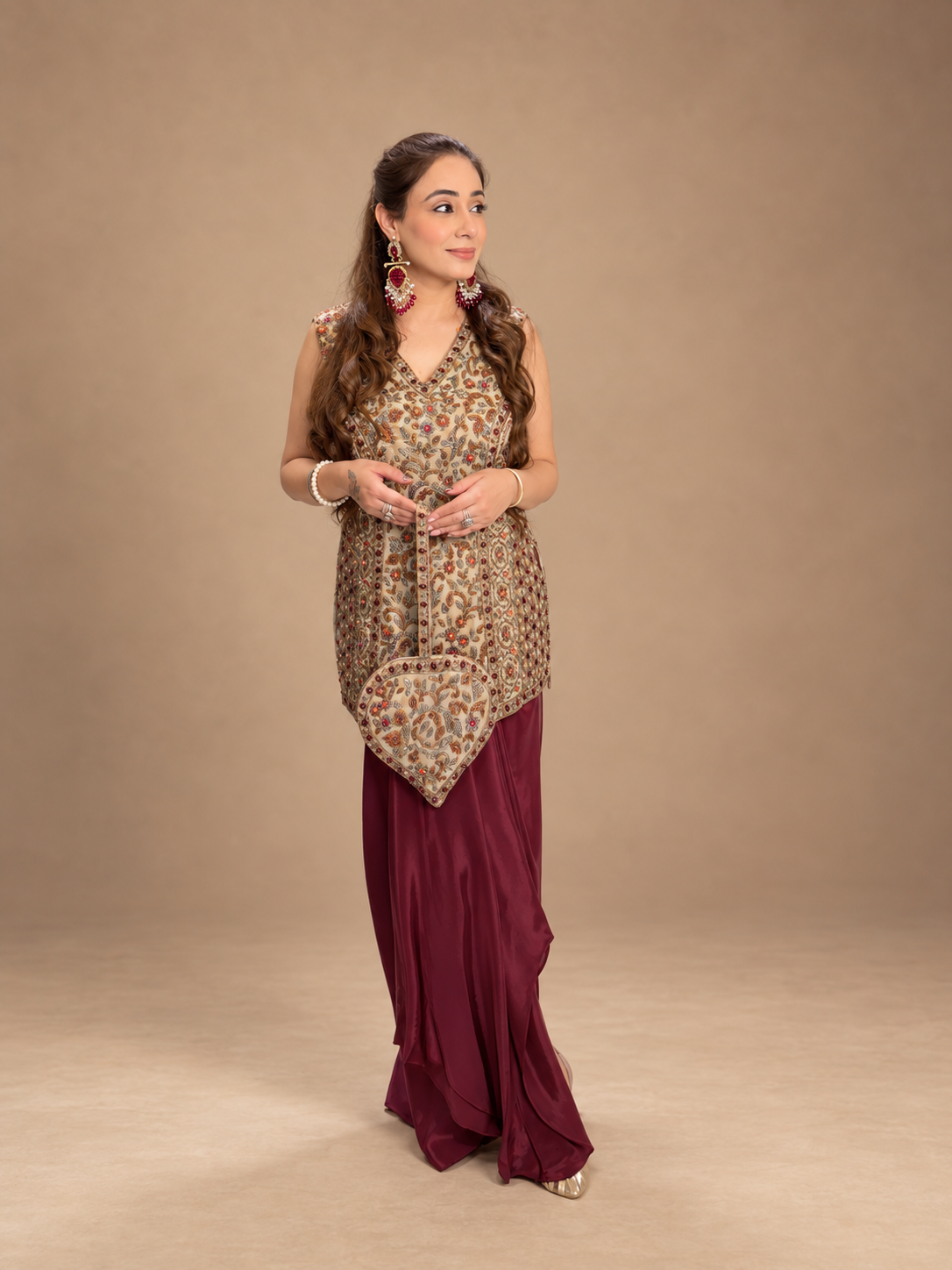 Champagne & Burgundy Embellished Fusion Dhoti Set