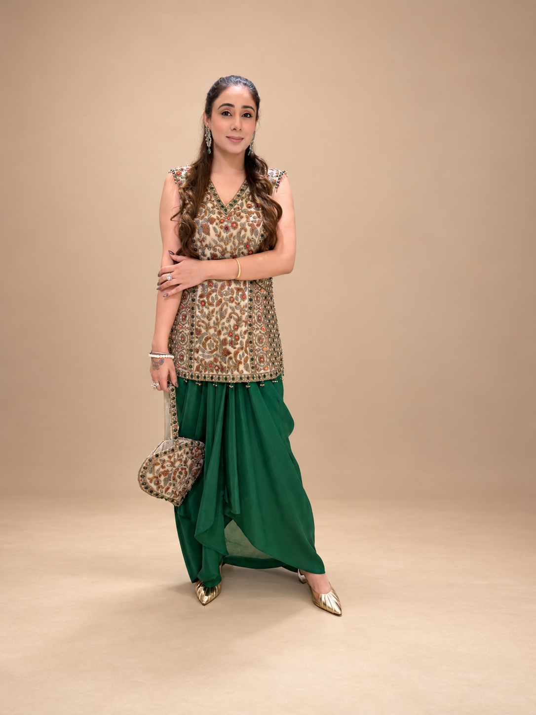 Champagne & Emerald Embellished Fusion Dhoti Set