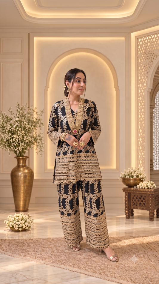 Opulent Black & Gold Embroidered Kurta & Palazzo Set