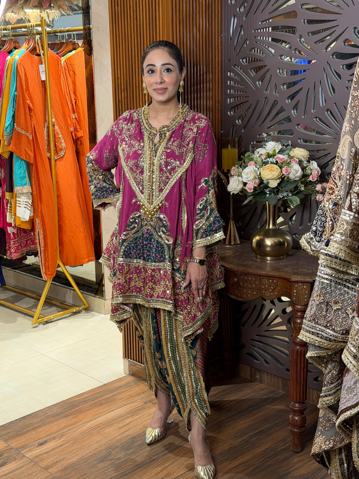 Magenta & Green Printed Dhoti Set