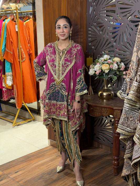 Magenta & Green Printed Dhoti Set