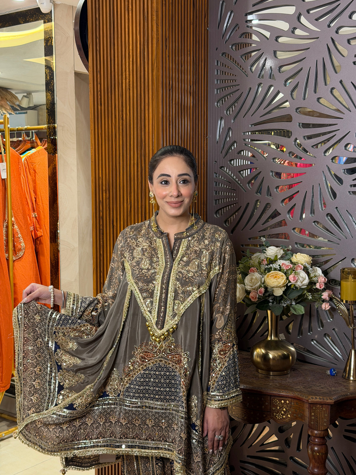 English Grey Printed Dhoti Set