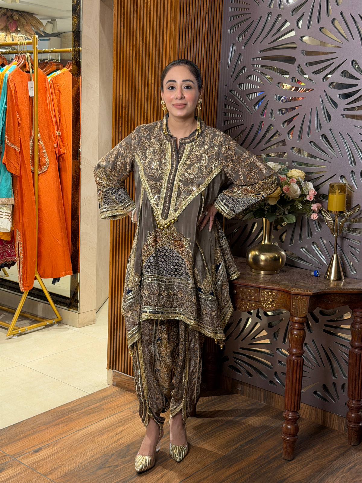 English Grey Printed Dhoti Set
